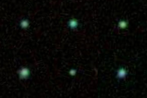 A montage of the six Green Pea galaxies that University of Michigan astronomy researchers studied. Image credit: Anne Jaskot A montage of the six Green Pea galaxies that University of Michigan astronomy researchers studied. Image credit: Anne Jaskot