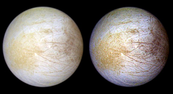 This color composite view combines violet, green, and infrared images of Jupiter's intriguing moon, Europa, for a view of the moon in natural color (left) and in enhanced color designed to bring out subtle color differences in the surface (right). The bright white and bluish part of Europa's surface is composed mostly of water ice, with very few non-ice materials. In contrast, the brownish mottled regions on the right side of the image may be covered by hydrated salts and an unknown red component. The yellowish mottled terrain on the left side of the image is caused by some other unknown component. Long, dark lines are fractures in the crust, some of which are more than 3,000 kilometers (1,850 miles) long. Image credit: NASA/JPL/University of Arizona This color composite view combines violet, green, and infrared images of Jupiter's intriguing moon, Europa, for a view of the moon in natural color (left) and in enhanced color designed to bring out subtle color differences in the surface (right). The bright white and bluish part of Europa's surface is composed mostly of water ice, with very few non-ice materials. In contrast, the brownish mottled regions on the right side of the image may be covered by hydrated salts and an unknown red component. The yellowish mottled terrain on the left side of the image is caused by some other unknown component. Long, dark lines are fractures in the crust, some of which are more than 3,000 kilometers (1,850 miles) long. Image credit: NASA/JPL/University of Arizona