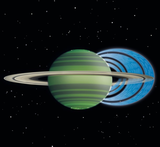 This artist's concept illustrates how charged water particles flow into the Saturnian atmosphere from the planet's rings, causing a reduction in atmospheric brightness. The observations were made with the W.M. Keck Observatory on Mauna Kea, Hawaii, with NASA funding. The analysis was led by the University of Leicester, England. Image credit: NASA/JPL-Caltech/Space Science Institute/University of Leicester This artist's concept illustrates how charged water particles flow into the Saturnian atmosphere from the planet's rings, causing a reduction in atmospheric brightness. The observations were made with the W.M. Keck Observatory on Mauna Kea, Hawaii, with NASA funding. The analysis was led by the University of Leicester, England. Image credit: NASA/JPL-Caltech/Space Science Institute/University of Leicester
