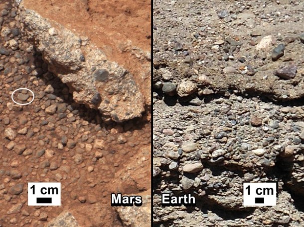 This set of images compares the Link outcrop of rocks on Mars (left) with similar rocks seen on Earth (right). Image credit: NASA/JPL-Caltech/MSSS and PSI This set of images compares the Link outcrop of rocks on Mars (left) with similar rocks seen on Earth (right). Image credit: NASA/JPL-Caltech/MSSS and PSI