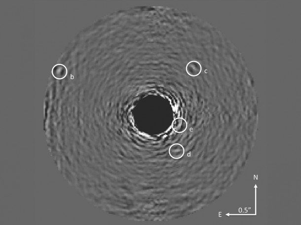 This image shows the HR 8799 planets with starlight optically suppressed and data processing conducted to remove residual starlight. The star is at the center of the blackened circle in the image. The four spots indicated with the letters b through e are the planets. This is a composite image using 30 wavelengths of light and was obtained over a period of 1.25 hours on June 14 and 15, 2012. Image courtesy of Project 1640 This image shows the HR 8799 planets with starlight optically suppressed and data processing conducted to remove residual starlight. The star is at the center of the blackened circle in the image. The four spots indicated with the letters b through e are the planets. This is a composite image using 30 wavelengths of light and was obtained over a period of 1.25 hours on June 14 and 15, 2012. Image courtesy of Project 1640