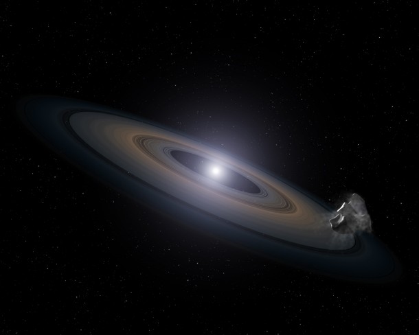 This is an artist’s impression of a white dwarf (burned-out) star accreting rocky debris left behind by the star’s surviving planetary system. It was observed by Hubble in the Hyades star cluster. At lower right, an asteroid can be seen falling toward a Saturn-like disk of dust that is encircling the dead star. Infalling asteroids pollute the white dwarf’s atmosphere with silicon. Credit: NASA, ESA, and G. Bacon (STScI) This is an artist’s impression of a white dwarf (burned-out) star accreting rocky debris left behind by the star’s surviving planetary system. It was observed by Hubble in the Hyades star cluster. At lower right, an asteroid can be seen falling toward a Saturn-like disk of dust that is encircling the dead star. Infalling asteroids pollute the white dwarf’s atmosphere with silicon. Credit: NASA, ESA, and G. Bacon (STScI)