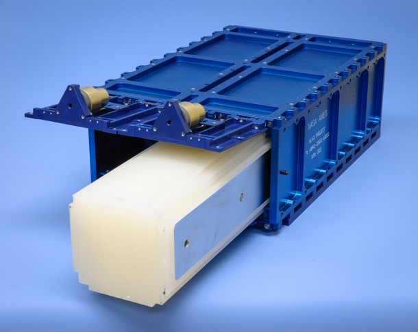 A standard cubesat measures about four inches (10 cm) long, four inches wide, and four inches high, and is called a one-unit (1U) cubesat. A single NLAS provides the capability to deploy 24U of cubesats. Image credit: NASA Ames A standard cubesat measures about four inches (10 cm) long, four inches wide, and four inches high, and is called a one-unit (1U) cubesat. A single NLAS provides the capability to deploy 24U of cubesats. Image credit: NASA Ames