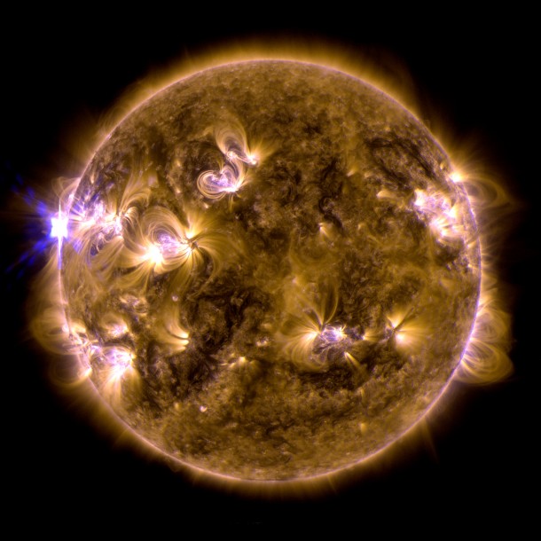 The sun erupted with an X1.7-class solar flare on May 12, 2013. This is a blend of two images of the flare from NASA's Solar Dynamics Observatory: One image shows light in the 171-angstrom wavelength, the other in 131 angstroms. Credit: NASA/SDO/AIA The sun erupted with an X1.7-class solar flare on May 12, 2013. This is a blend of two images of the flare from NASA's Solar Dynamics Observatory: One image shows light in the 171-angstrom wavelength, the other in 131 angstroms. Credit: NASA/SDO/AIA