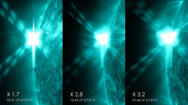 These pictures from NASA's Solar Dynamics Observatory show the three X-class flares that the sun emitted in under 24 hours on May 12-13, 2013. The images show light with a wavelength of 131 angstroms, which is particularly good for showing solar flares and is typically colorized in teal. Credit: NASA/SDO These pictures from NASA's Solar Dynamics Observatory show the three X-class flares that the sun emitted in under 24 hours on May 12-13, 2013. The images show light with a wavelength of 131 angstroms, which is particularly good for showing solar flares and is typically colorized in teal. Credit: NASA/SDO