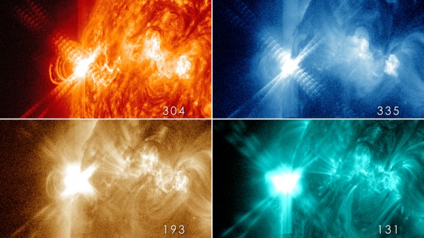Four images from NASA's Solar Dynamics Observatory of an X3.2-class flare from late at night on May 13, 2013. Starting in the upper left and going clockwise, the images show light in the 304-, 335-, 193- and 131-angstrom wavelengths. By looking at the sun in different wavelengths, scientists can view solar material at different temperatures, and thus learn more about what causes flares. Credit: NASA/SDO Four images from NASA's Solar Dynamics Observatory of an X3.2-class flare from late at night on May 13, 2013. Starting in the upper left and going clockwise, the images show light in the 304-, 335-, 193- and 131-angstrom wavelengths. By looking at the sun in different wavelengths, scientists can view solar material at different temperatures, and thus learn more about what causes flares. Credit: NASA/SDO