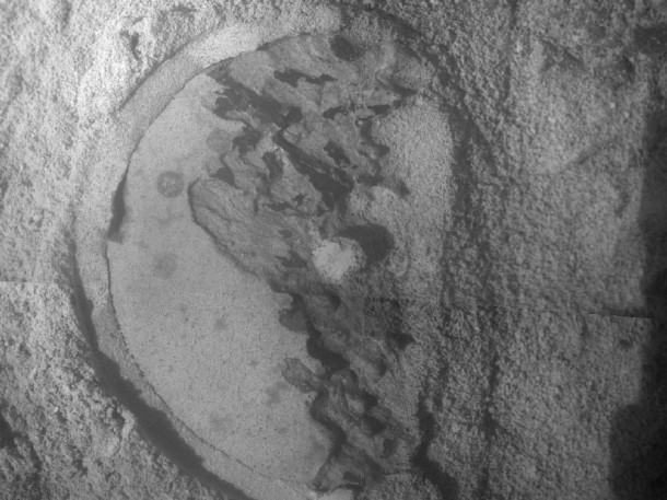 This mosaic of four frames shot by the microscopic imager on the robotic arm of NASA's Mars Exploration Rover Opportunity shows a rock target called "Esperance" after some of the rock's surface had been removed by Opportunity's rock abrasion tool, or RAT. Credit: NASA/JPL-Caltech/Cornell/USGS This mosaic of four frames shot by the microscopic imager on the robotic arm of NASA's Mars Exploration Rover Opportunity shows a rock target called "Esperance" after some of the rock's surface had been removed by Opportunity's rock abrasion tool, or RAT. Credit: NASA/JPL-Caltech/Cornell/USGS
