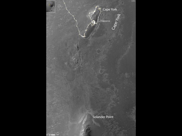 This map of a portion of the western rim of Endeavour Crater on Mars shows the area where NASA's Mars Exploration Rover Opportunity worked for 20 months, "Cape York," in relation to the area where the rover team plans for Opportunity to spend its sixth Martian winter, "Solander Point." This map of a portion of the western rim of Endeavour Crater on Mars shows the area where NASA's Mars Exploration Rover Opportunity worked for 20 months, "Cape York," in relation to the area where the rover team plans for Opportunity to spend its sixth Martian winter, "Solander Point."