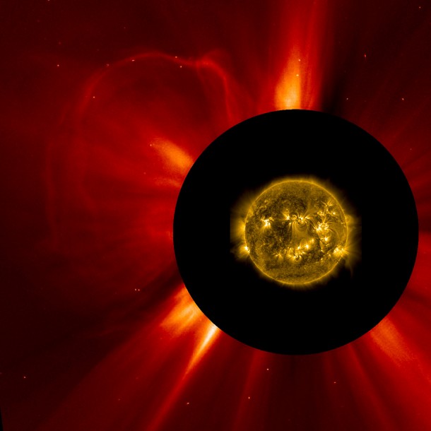 A combined view of the coronal mass ejection, or CME, that occurred on May 17, 2013, at 5:36 EDT. The center yellow image was captured by NASA's Solar Dynamics Observatory and shows the sun as seen in UV light, in the 171 Angstrom wavelength. The SDO image is superimposed on top of an image from the Solar and Heliospheric Observatory showing the CME propagating into space. Credit: NASA/SDO/Goddard, ESA&NASA SOHO A combined view of the coronal mass ejection, or CME, that occurred on May 17, 2013, at 5:36 EDT. The center yellow image was captured by NASA's Solar Dynamics Observatory and shows the sun as seen in UV light, in the 171 Angstrom wavelength. The SDO image is superimposed on top of an image from the Solar and Heliospheric Observatory showing the CME propagating into space. Credit: NASA/SDO/Goddard, ESA&NASA SOHO