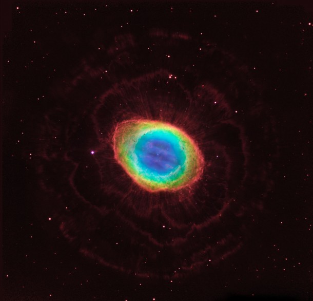 In this composite image, visible-light observations by NASA’s Hubble Space Telescope are combined with infrared data from the ground-based Large Binocular Telescope in Arizona to assemble a dramatic view of the well-known Ring Nebula. Credit: NASA, ESA, C.R. Robert O’Dell (Vanderbilt University), G.J. Ferland (University of Kentucky), W.J. Henney and M. Peimbert (National Autonomous University of Mexico) Credit for Large Binocular Telescope data: David Thompson (University of Arizona) In this composite image, visible-light observations by NASA’s Hubble Space Telescope are combined with infrared data from the ground-based Large Binocular Telescope in Arizona to assemble a dramatic view of the well-known Ring Nebula. Credit: NASA, ESA, C.R. Robert O’Dell (Vanderbilt University), G.J. Ferland (University of Kentucky), W.J. Henney and M. Peimbert (National Autonomous University of Mexico) Credit for Large Binocular Telescope data: David Thompson (University of Arizona)
