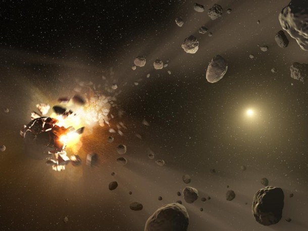 This artist's conception shows how families of asteroids are created. Over the history of our solar system, catastrophic collisions between asteroids located in the belt between Mars and Jupiter have formed families of objects on similar orbits around the sun. Image credit: NASA/JPL-Caltech This artist's conception shows how families of asteroids are created. Over the history of our solar system, catastrophic collisions between asteroids located in the belt between Mars and Jupiter have formed families of objects on similar orbits around the sun. Image credit: NASA/JPL-Caltech