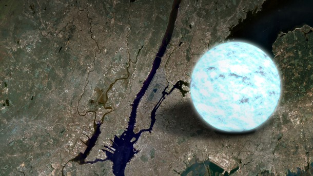 A neutron star is the densest object astronomers can observe directly, crushing half a million times Earth's mass into a sphere about 12 miles across, or similar in size to Manhattan Island, as shown in this illustration. Credit: NASA's Goddard Space Flight Center A neutron star is the densest object astronomers can observe directly, crushing half a million times Earth's mass into a sphere about 12 miles across, or similar in size to Manhattan Island, as shown in this illustration. Credit: NASA's Goddard Space Flight Center
