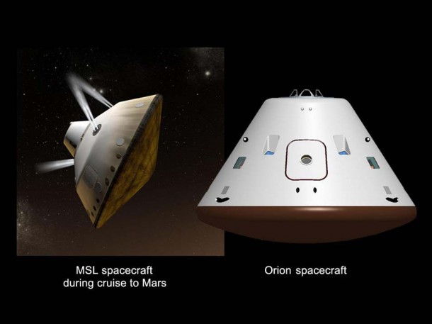This set of artist's concepts shows NASA's Mars Science Laboratory cruise capsule and NASA's Orion spacecraft, which is being built now at NASA's Johnson Space Center and will one day send astronauts to Mars. Image credit: NASA/JPL-Caltech/JSC This set of artist's concepts shows NASA's Mars Science Laboratory cruise capsule and NASA's Orion spacecraft, which is being built now at NASA's Johnson Space Center and will one day send astronauts to Mars. Image credit: NASA/JPL-Caltech/JSC