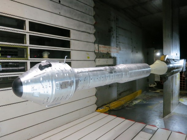 Shown is the integrated model at NASA's Ames Research Center. The model is a 7 percent model of the Boeing CST-100 spacecraft, launch vehicle adaptor and launch vehicle. Image credit: Boeing Shown is the integrated model at NASA's Ames Research Center. The model is a 7 percent model of the Boeing CST-100 spacecraft, launch vehicle adaptor and launch vehicle. Image credit: Boeing
