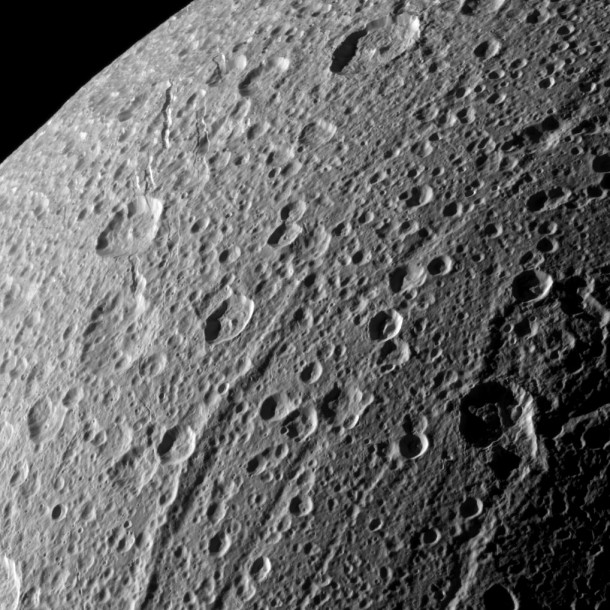 The Cassini spacecraft swooped in for a close-up of the cratered, fractured surface of Saturn's moon Dione in this image taken during the spacecraft's Jan. 27, 2010, non-targeted flyby. Image credit: NASA/JPL/Space Science Institute The Cassini spacecraft swooped in for a close-up of the cratered, fractured surface of Saturn's moon Dione in this image taken during the spacecraft's Jan. 27, 2010, non-targeted flyby. Image credit: NASA/JPL/Space Science Institute