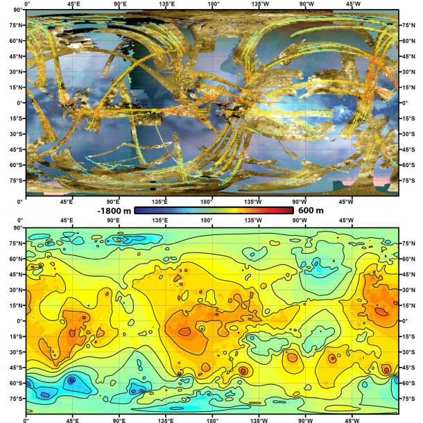 To create the first global, topographic map of Saturn's moon Titan, scientists analyzed data from NASA's Cassini spacecraft and a mathematical process called splining. This method effectively uses smooth curved surfaces to "join" the areas between grids of existing topography profiles obtained by Cassini's radar instrument. In the upper panel of this graphic, gold colors show where radar images have been obtained over almost half of Titan's surface. Image credit: NASA/JPL-Caltech/ASI/JHUAPL/Cornell/Weizmann To create the first global, topographic map of Saturn's moon Titan, scientists analyzed data from NASA's Cassini spacecraft and a mathematical process called splining. This method effectively uses smooth curved surfaces to "join" the areas between grids of existing topography profiles obtained by Cassini's radar instrument. In the upper panel of this graphic, gold colors show where radar images have been obtained over almost half of Titan's surface. Image credit: NASA/JPL-Caltech/ASI/JHUAPL/Cornell/Weizmann
