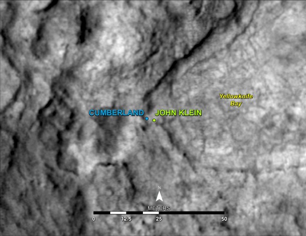 This map shows the location of "Cumberland," the second rock-drilling target for NASA's Mars rover Curiosity, in relation to the rover's first drilling target, "John Klein," within the southwestern lobe of a shallow depression called "Yellowknife Bay." Cumberland, like John Klein, is a patch of flat-lying bedrock with pale veins and bumpy surface texture. The bumpiness is due to erosion-resistant nodules within the rock, which have been identified as concretions resulting from the action of mineral-laden water. Credit: NASA/JPL-Caltech/Univ. of Arizona This map shows the location of "Cumberland," the second rock-drilling target for NASA's Mars rover Curiosity, in relation to the rover's first drilling target, "John Klein," within the southwestern lobe of a shallow depression called "Yellowknife Bay." Cumberland, like John Klein, is a patch of flat-lying bedrock with pale veins and bumpy surface texture. The bumpiness is due to erosion-resistant nodules within the rock, which have been identified as concretions resulting from the action of mineral-laden water. Credit: NASA/JPL-Caltech/Univ. of Arizona