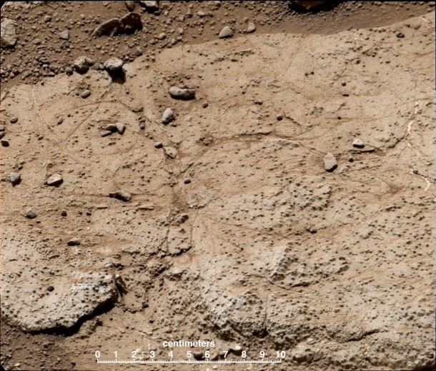 This patch of bedrock, called "Cumberland," has been selected as the second target for drilling by NASA's Mars rover Curiosity. The rover has the capability to collect powdered material from inside the target rock and analyze that powder with laboratory instruments. The favored location for drilling into Cumberland is in the lower right portion of the image. This patch of bedrock, called "Cumberland," has been selected as the second target for drilling by NASA's Mars rover Curiosity. The rover has the capability to collect powdered material from inside the target rock and analyze that powder with laboratory instruments. The favored location for drilling into Cumberland is in the lower right portion of the image.