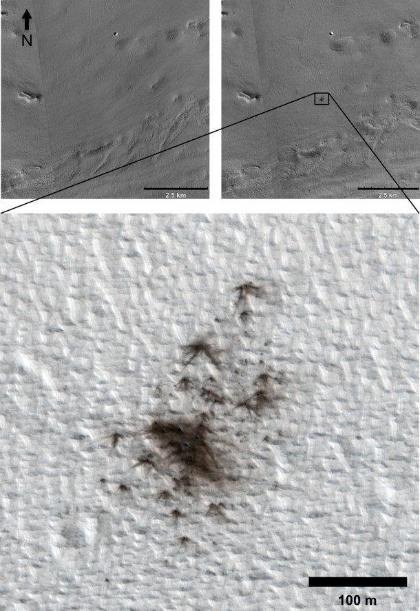 This set of images from cameras on NASA's Mars Reconnaissance Orbiter documents the appearance of a new cluster of impact craters on Mars. The orbiter has imaged at least 248 fresh craters, or crater clusters, on Mars. Image credit: NASA/JPL-Caltech/MSSS/Univ. of Arizona This set of images from cameras on NASA's Mars Reconnaissance Orbiter documents the appearance of a new cluster of impact craters on Mars. The orbiter has imaged at least 248 fresh craters, or crater clusters, on Mars. Image credit: NASA/JPL-Caltech/MSSS/Univ. of Arizona