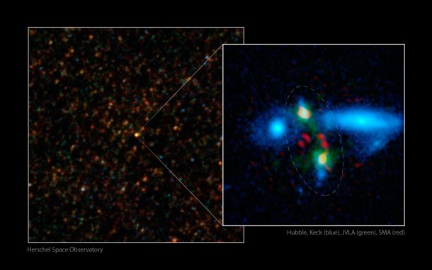 Several telescopes have teamed up to discover a rare and massive merging of two galaxies that took place when the universe was just 3 billion years old (its current age is about 14 billion years). The galaxies, collectively called HXMM01, are churning out the equivalent of 2,000 suns a year. By comparison, our Milky Way hatches about two to three suns a year. The total number of stars in both colliding galaxies averages out to about 400 billion suns. Image credit: ESA/NASA/JPL-Caltech/UC Irvine/STScI/Keck/NRAO/SAO Several telescopes have teamed up to discover a rare and massive merging of two galaxies that took place when the universe was just 3 billion years old (its current age is about 14 billion years). The galaxies, collectively called HXMM01, are churning out the equivalent of 2,000 suns a year. By comparison, our Milky Way hatches about two to three suns a year. The total number of stars in both colliding galaxies averages out to about 400 billion suns. Image credit: ESA/NASA/JPL-Caltech/UC Irvine/STScI/Keck/NRAO/SAO