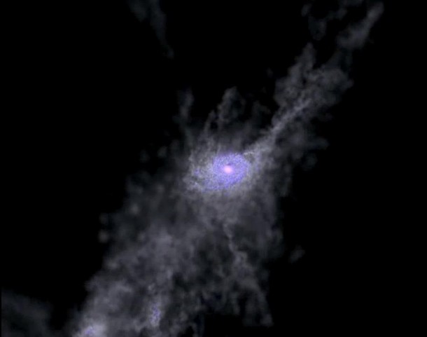 Created with the help of supercomputers, this still from a simulation shows the formation of a massive galaxy during the first 2 billion years of the universe. Hydrogen gas is gray, young stars appear blue, and older stars are red. The simulation reveals that gas flows into galaxies along filaments akin to cosmic bendy, or swirly, straws. Image credit: Video courtesy of the N-Body Shop at University of Washington Created with the help of supercomputers, this still from a simulation shows the formation of a massive galaxy during the first 2 billion years of the universe. Hydrogen gas is gray, young stars appear blue, and older stars are red. The simulation reveals that gas flows into galaxies along filaments akin to cosmic bendy, or swirly, straws. Image credit: Video courtesy of the N-Body Shop at University of Washington