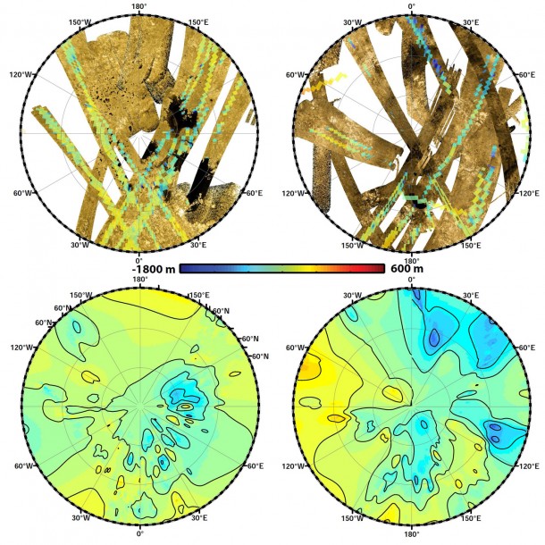 These polar maps show the first global, topographic mapping of Saturn's moon Titan, using data from NASA's Cassini mission. To create these maps, scientists employed a mathematical process called splining, which uses smooth curved surfaces to "join" the areas between grids of existing topography profiles obtained by Cassini's radar instrument.Image credit: NASA/JPL-Caltech/ASI/JHUAPL/Cornell/Weizmann These polar maps show the first global, topographic mapping of Saturn's moon Titan, using data from NASA's Cassini mission. To create these maps, scientists employed a mathematical process called splining, which uses smooth curved surfaces to "join" the areas between grids of existing topography profiles obtained by Cassini's radar instrument.Image credit: NASA/JPL-Caltech/ASI/JHUAPL/Cornell/Weizmann
