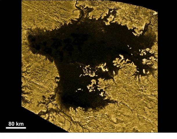 Ligeia Mare, shown in here in data obtained by NASA's Cassini spacecraft, is the second largest known body of liquid on Saturn's moon Titan. It is filled with liquid hydrocarbons, such as ethane and methane, and is one of the many seas and lakes that bejewel Titan's north polar region. Cassini has yet to observe waves on Ligeia Mare and will look again during its next encounter on May 23, 2013. Image credit: NASA/JPL-Caltech/ASI/Cornell Ligeia Mare, shown in here in data obtained by NASA's Cassini spacecraft, is the second largest known body of liquid on Saturn's moon Titan. It is filled with liquid hydrocarbons, such as ethane and methane, and is one of the many seas and lakes that bejewel Titan's north polar region. Cassini has yet to observe waves on Ligeia Mare and will look again during its next encounter on May 23, 2013. Image credit: NASA/JPL-Caltech/ASI/Cornell