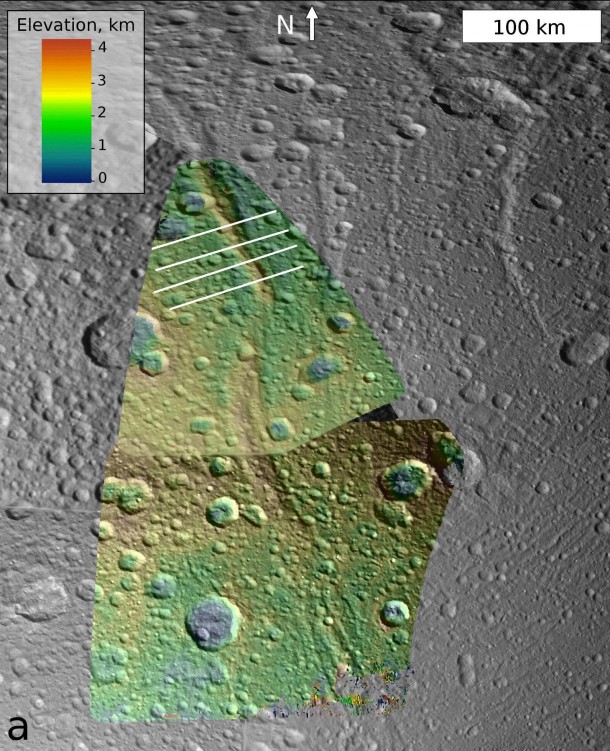 This image, which is composed of data obtained by NASA's Cassini spacecraft, shows the topography of a mountain known as Janiculum Dorsa on the Saturnian moon Dione. Color denotes elevation, with red as the highest area and blue as the lowest. Image credit: NASA/JPL-Caltech/SSI/Brown This image, which is composed of data obtained by NASA's Cassini spacecraft, shows the topography of a mountain known as Janiculum Dorsa on the Saturnian moon Dione. Color denotes elevation, with red as the highest area and blue as the lowest. Image credit: NASA/JPL-Caltech/SSI/Brown