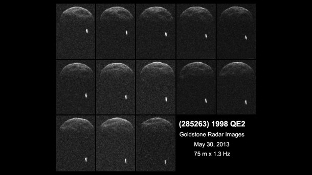 First radar images of asteroid 1998 QE2 were obtained when the asteroid was about 3.75 million miles (6 million kilometers) from Earth. Image credit: NASA/JPL-Caltech/GSSR First radar images of asteroid 1998 QE2 were obtained when the asteroid was about 3.75 million miles (6 million kilometers) from Earth. Image credit: NASA/JPL-Caltech/GSSR