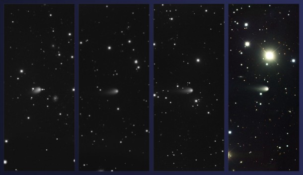 Images of Comet ISON obtained using the Gemini Multi-Object Spectrograph at Gemini North on February 4, March 4, April 3, and May 4, 2013 (left to right, respectively; Comet ISON at center in all images). Color composite produced by Travis Rector, University of Alaska Anchorage. Credit: Gemini Observatory/AURA Images of Comet ISON obtained using the Gemini Multi-Object Spectrograph at Gemini North on February 4, March 4, April 3, and May 4, 2013 (left to right, respectively; Comet ISON at center in all images). Color composite produced by Travis Rector, University of Alaska Anchorage. Credit: Gemini Observatory/AURA