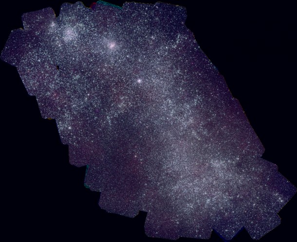 The Swift mosaic of the Small Magellanic Cloud contains about 250,000 ultraviolet sources. The 57-megapixel image was assembled from 656 separate snapshots. The image has a total exposure time of 1.8 days, an angular resolution of 2.5 arcseconds at full size, and maps UV light at wavelengths between 1,600 and 3,300 angstroms. The SMC is about 7,000 light-years across. Credit: NASA/Swift/S. Immler (Goddard) and M. Siegel (Penn State) The Swift mosaic of the Small Magellanic Cloud contains about 250,000 ultraviolet sources. The 57-megapixel image was assembled from 656 separate snapshots. The image has a total exposure time of 1.8 days, an angular resolution of 2.5 arcseconds at full size, and maps UV light at wavelengths between 1,600 and 3,300 angstroms. The SMC is about 7,000 light-years across. Credit: NASA/Swift/S. Immler (Goddard) and M. Siegel (Penn State)