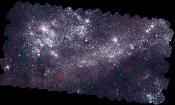 Nearly a million ultraviolet sources appear in this mosaic of the Large Magellanic Cloud, which was assembled from 2,200 images taken by Swift's Ultraviolet/Optical Telescope. The 160-megapixel image required a cumulative exposure of 5.4 days. The image includes light from 1,600 to 3,300 angstroms -- UV wavelengths largely blocked by Earth's atmosphere -- and has an angular resolution of 2.5 arcseconds at full size. The LMC is about 14,000 light-years across. UV image credit: NASA/Swift/S. Immler (Goddard) and M. Siegel (Penn State) Nearly a million ultraviolet sources appear in this mosaic of the Large Magellanic Cloud, which was assembled from 2,200 images taken by Swift's Ultraviolet/Optical Telescope. The 160-megapixel image required a cumulative exposure of 5.4 days. The image includes light from 1,600 to 3,300 angstroms -- UV wavelengths largely blocked by Earth's atmosphere -- and has an angular resolution of 2.5 arcseconds at full size. The LMC is about 14,000 light-years across. UV image credit: NASA/Swift/S. Immler (Goddard) and M. Siegel (Penn State)