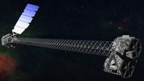 Artist's concept of NuSTAR in orbit. NuSTAR has a 33-foot (10-meter) mast that deploys after launch to separate the optics modules (right) from the detectors in the focal plane (left). Image credit: NASA/JPL-Caltech Artist's concept of NuSTAR in orbit. NuSTAR has a 33-foot (10-meter) mast that deploys after launch to separate the optics modules (right) from the detectors in the focal plane (left). Image credit: NASA/JPL-Caltech