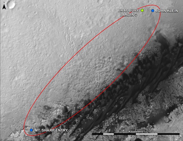 This map shows where NASA's Mars rover Curiosity landed in August 2012 at "Bradbury Landing"; the area where the rover worked from November 2012 through May 2013 at and near the "John Klein" target rock in the "Glenelg" area; and the mission's next major destination, the entry point to the base of Mount Sharp. Image credit: NASA/JPL-Caltech/Univ. of Arizona This map shows where NASA's Mars rover Curiosity landed in August 2012 at "Bradbury Landing"; the area where the rover worked from November 2012 through May 2013 at and near the "John Klein" target rock in the "Glenelg" area; and the mission's next major destination, the entry point to the base of Mount Sharp. Image credit: NASA/JPL-Caltech/Univ. of Arizona