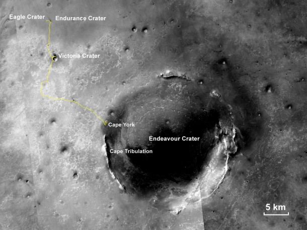 This map shows the 22.553-mile (36.295-kilometer) route driven by NASA's Mars Exploration Rover Opportunity from the site of its landing, inside Eagle crater at the upper left, to its location more than 112 months later, in late May 2013, departing the "Cape York" section of the rim of Endeavour crater. Image credit: NASA/JPL-Caltech/MSSS/NMMNHS This map shows the 22.553-mile (36.295-kilometer) route driven by NASA's Mars Exploration Rover Opportunity from the site of its landing, inside Eagle crater at the upper left, to its location more than 112 months later, in late May 2013, departing the "Cape York" section of the rim of Endeavour crater. Image credit: NASA/JPL-Caltech/MSSS/NMMNHS