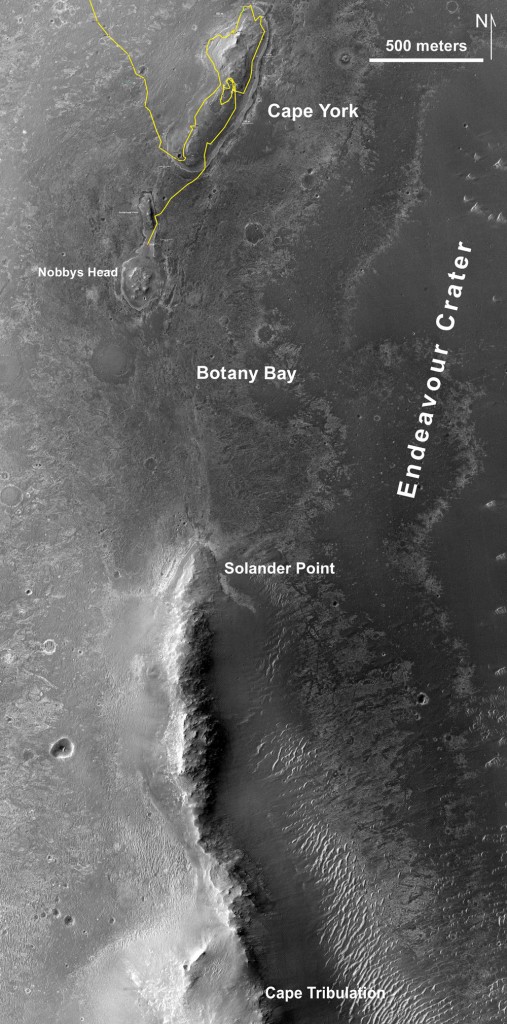 This map of a portion of the western rim of Endeavour Crater on Mars shows the path of NASA's Mars Exploration Rover Opportunity as the rover is driving from the "Cape York" segment of the rim to its next destination, the "Solander Point" segment. Image credit: NASA/JPL-Caltech/Cornell Univ./Arizona State Univ. This map of a portion of the western rim of Endeavour Crater on Mars shows the path of NASA's Mars Exploration Rover Opportunity as the rover is driving from the "Cape York" segment of the rim to its next destination, the "Solander Point" segment. Image credit: NASA/JPL-Caltech/Cornell Univ./Arizona State Univ.
