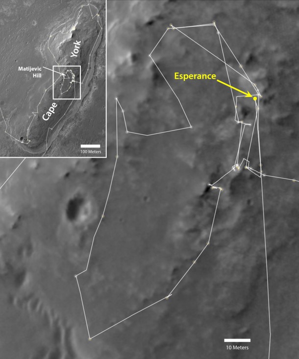 NASA's Mars Exploration Rover Opportunity drove onto the "Cape York" segment of the rim of Endeavour Crater in August 2011 and departed Cape York in May 2013. Image credit: NASA/JPL-Caltech/Univ. of Arizona NASA's Mars Exploration Rover Opportunity drove onto the "Cape York" segment of the rim of Endeavour Crater in August 2011 and departed Cape York in May 2013. Image credit: NASA/JPL-Caltech/Univ. of Arizona