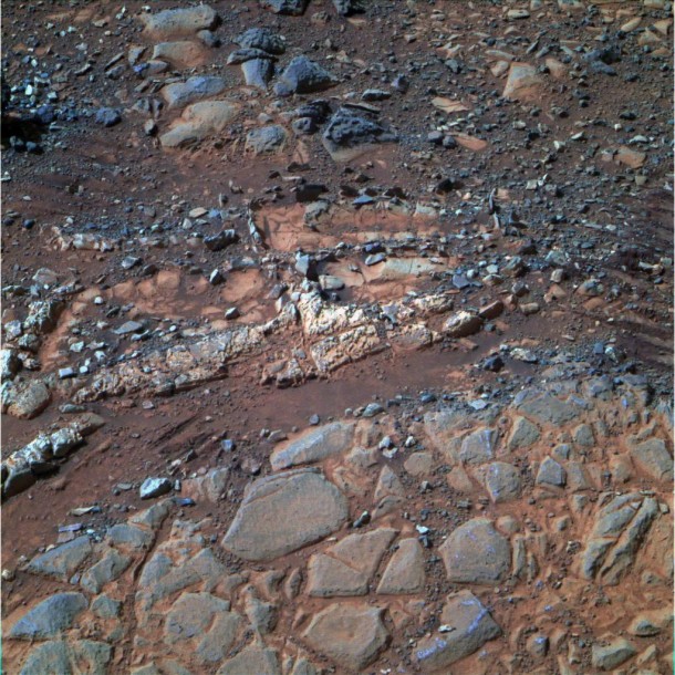 This image from the panoramic camera (Pancam) on NASA's Mars Exploration Rover Opportunity shows a pale rock called "Esperence," which was inspected by the rover in May 2013. Image credit: NASA/JPL-Caltech/Cornell Univ./Arizona State Univ. This image from the panoramic camera (Pancam) on NASA's Mars Exploration Rover Opportunity shows a pale rock called "Esperence," which was inspected by the rover in May 2013. Image credit: NASA/JPL-Caltech/Cornell Univ./Arizona State Univ.