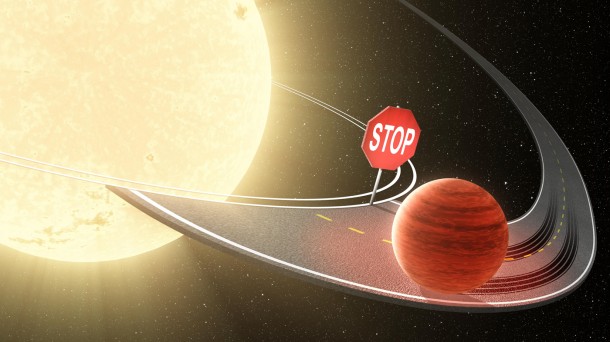 Researchers using data from NASA's Kepler space telescope have shown that migrating planets stop their inward journey before reaching their stars, as illustrated in this artist's concept. Jupiter-like planets, called "hot Jupiters" are known to migrate from their star's frigid outer reaches in toward the star and its blistering heat. Dozens of hot Jupiters have been discovered orbiting closely to their stars, whipping around in just days. Image credit: NASA/JPL-Caltech Researchers using data from NASA's Kepler space telescope have shown that migrating planets stop their inward journey before reaching their stars, as illustrated in this artist's concept. Jupiter-like planets, called "hot Jupiters" are known to migrate from their star's frigid outer reaches in toward the star and its blistering heat. Dozens of hot Jupiters have been discovered orbiting closely to their stars, whipping around in just days. Image credit: NASA/JPL-Caltech