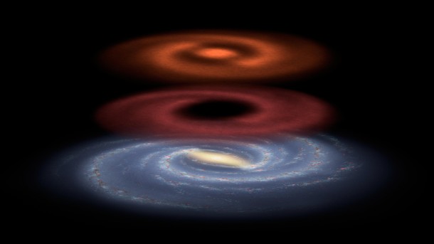 This illustration shows a newfound reservoir of stellar fuel discovered by the Herschel space observatory (red). Image credit: ESA/NASA/JPL-Caltech This illustration shows a newfound reservoir of stellar fuel discovered by the Herschel space observatory (red). Image credit: ESA/NASA/JPL-Caltech