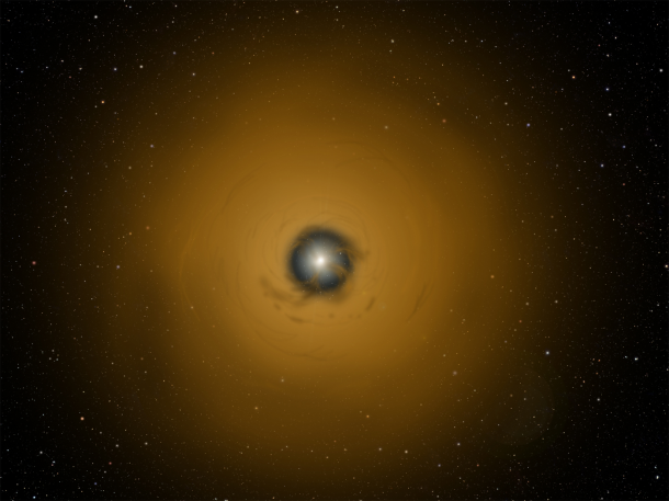 This artist's conception illustrates what we would see if we could zoom in on the TW Hydrae system. We are viewing the star nearly pole-on, where streamers of gas from the surrounding protoplanetary disk funnel onto the star. Research shows that this growth process, also known as accretion, is clumpy and episodic. By studying TW Hydrae we can learn what our Sun was like when it was only 10 million years old. Credit: David A. Aguilar (CfA) This artist's conception illustrates what we would see if we could zoom in on the TW Hydrae system. We are viewing the star nearly pole-on, where streamers of gas from the surrounding protoplanetary disk funnel onto the star. Research shows that this growth process, also known as accretion, is clumpy and episodic. By studying TW Hydrae we can learn what our Sun was like when it was only 10 million years old. Credit: David A. Aguilar (CfA)
