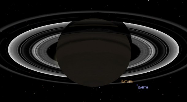 This simulated view from NASA's Cassini spacecraft shows the expected positions of Saturn and Earth on July 19, 2013, around the time Cassini will take Earth's picture. Cassini will be about 898 million miles (1.44 billion kilometers) away from Earth at the time. That distance is nearly 10 times the distance from the sun to Earth. Image credit: NASA/JPL-Caltech This simulated view from NASA's Cassini spacecraft shows the expected positions of Saturn and Earth on July 19, 2013, around the time Cassini will take Earth's picture. Cassini will be about 898 million miles (1.44 billion kilometers) away from Earth at the time. That distance is nearly 10 times the distance from the sun to Earth. Image credit: NASA/JPL-Caltech