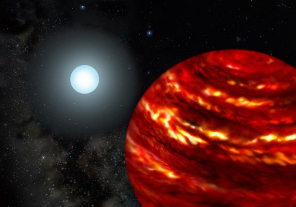 Artist's rendering of a possible exoplanetary system with a gas-giant planet orbiting close to his parent star which is more massive than our sun. Artwork by Lynette Cook. Credit: Gemini Observatory/AURA Artist's rendering of a possible exoplanetary system with a gas-giant planet orbiting close to his parent star which is more massive than our sun. Artwork by Lynette Cook. Credit: Gemini Observatory/AURA
