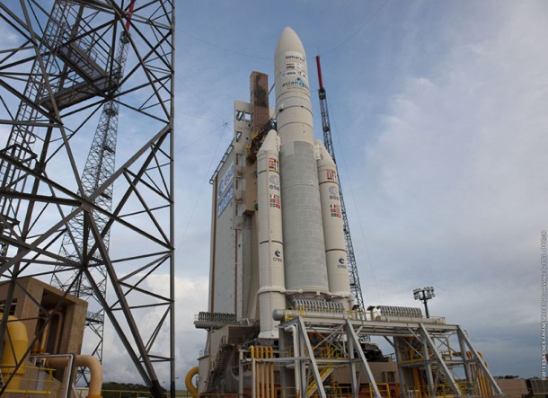 Arianespace's workhorse Ariane 5 is shown in the ELA-3 launch zone prior to its July 25 liftoff from the Spaceport. Arianespace's workhorse Ariane 5 is shown in the ELA-3 launch zone prior to its July 25 liftoff from the Spaceport.