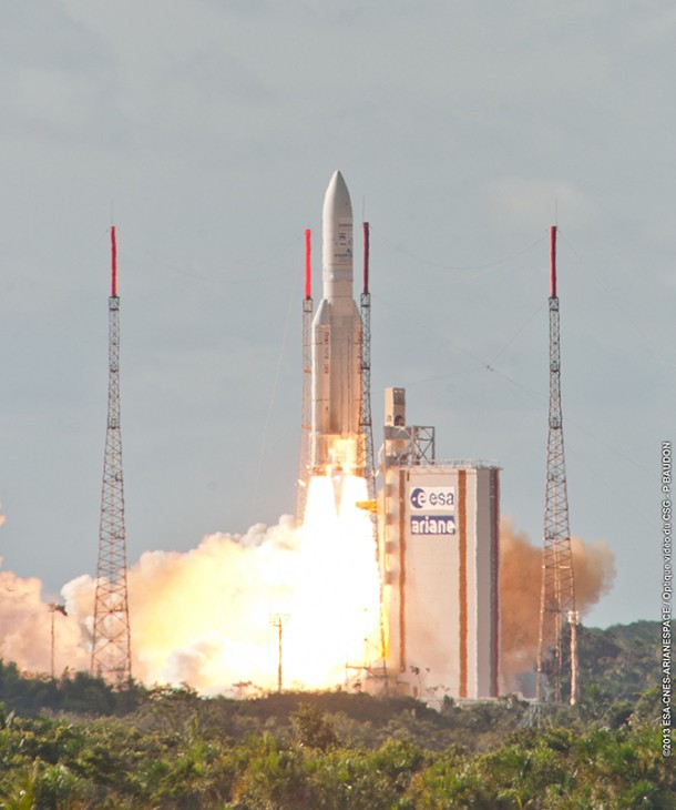Ariane 5’s heavy-lift success with Alphasat and INSAT-3D was the launcher’s 70th flight from French Guiana. Ariane 5’s heavy-lift success with Alphasat and INSAT-3D was the launcher’s 70th flight from French Guiana.