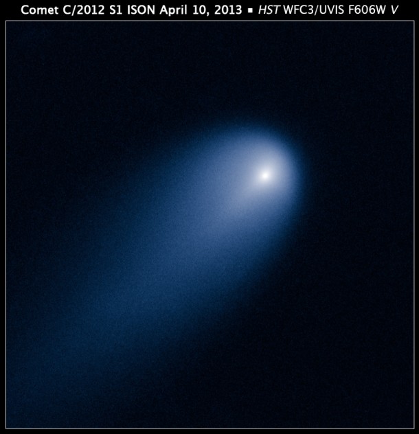 Hubble's view of Comet ISON (C/2012 S1) on April 10, 2013. This image was taken in visible light. The blue false color was added to bring out details in the comet structure. Image Credit: NASA, ESA, J.-Y. Li (Planetary Science Institute) Hubble's view of Comet ISON (C/2012 S1) on April 10, 2013. This image was taken in visible light. The blue false color was added to bring out details in the comet structure. Image Credit: NASA, ESA, J.-Y. Li (Planetary Science Institute)
