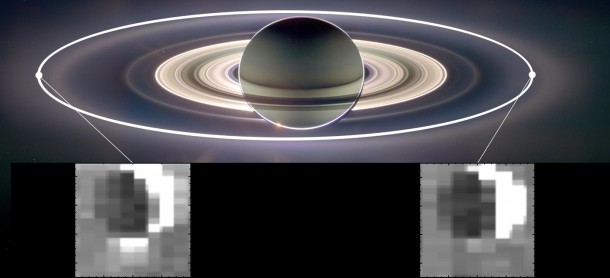 This set of images from NASA's Cassini mission shows how the gravitational pull of Saturn affects the amount of spray coming from jets at the active moon Enceladus. Enceladus has the most spray when it is farthest away from Saturn in its orbit (inset image on the left) and the least spray when it is closest to Saturn (inset image on the right). Image Credit: NASA/JPL-Caltech/University of Arizona/Cornell/SSI This set of images from NASA's Cassini mission shows how the gravitational pull of Saturn affects the amount of spray coming from jets at the active moon Enceladus. Enceladus has the most spray when it is farthest away from Saturn in its orbit (inset image on the left) and the least spray when it is closest to Saturn (inset image on the right). Image Credit: NASA/JPL-Caltech/University of Arizona/Cornell/SSI