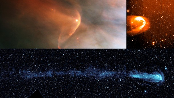 Other stars show tails that trail behind them like a comet’s tail. Scientists used NASA’s Interstellar Boundary Explorer to confirm that our solar system has one too. From top left and going counter clockwise, the stars shown are: LLOrionis; BZ Cam; and Mira. Image Credit: NASA/HST/R.Casalegno/GALEX Other stars show tails that trail behind them like a comet’s tail. Scientists used NASA’s Interstellar Boundary Explorer to confirm that our solar system has one too. From top left and going counter clockwise, the stars shown are: LLOrionis; BZ Cam; and Mira. Image Credit: NASA/HST/R.Casalegno/GALEX