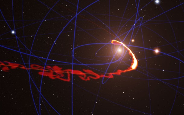 This simulation of a gas cloud passing close to the supermassive black hole at the centre of the galaxy shows the situation in mid-2013. Observations with ESO’s Very Large Telescope confirm that the cloud is now so stretched that the front part of it has passed the closest point and is travelling away from the black hole at more than 10 million km/h, whilst the tail is still falling towards it. Credit: ESO/S. Gillessen/MPE/Marc Schartmann This simulation of a gas cloud passing close to the supermassive black hole at the centre of the galaxy shows the situation in mid-2013. Observations with ESO’s Very Large Telescope confirm that the cloud is now so stretched that the front part of it has passed the closest point and is travelling away from the black hole at more than 10 million km/h, whilst the tail is still falling towards it. Credit: ESO/S. Gillessen/MPE/Marc Schartmann