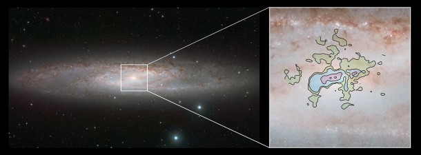 This comparison picture of the nearby bright spiral galaxy NGC 253, also known as the Sculptor Galaxy, shows the infrared view from ESO’s VISTA Telescope (left) and a detailed new view of the cool gas outflows at millimetre wavelengths from ALMA (right). Credit: ESO/ALMA (ESO/NAOJ/NRAO)/J. Emerson/VISTA Acknowledgment: Cambridge Astronomical Survey Unit This comparison picture of the nearby bright spiral galaxy NGC 253, also known as the Sculptor Galaxy, shows the infrared view from ESO’s VISTA Telescope (left) and a detailed new view of the cool gas outflows at millimetre wavelengths from ALMA (right). Credit: ESO/ALMA (ESO/NAOJ/NRAO)/J. Emerson/VISTA Acknowledgment: Cambridge Astronomical Survey Unit